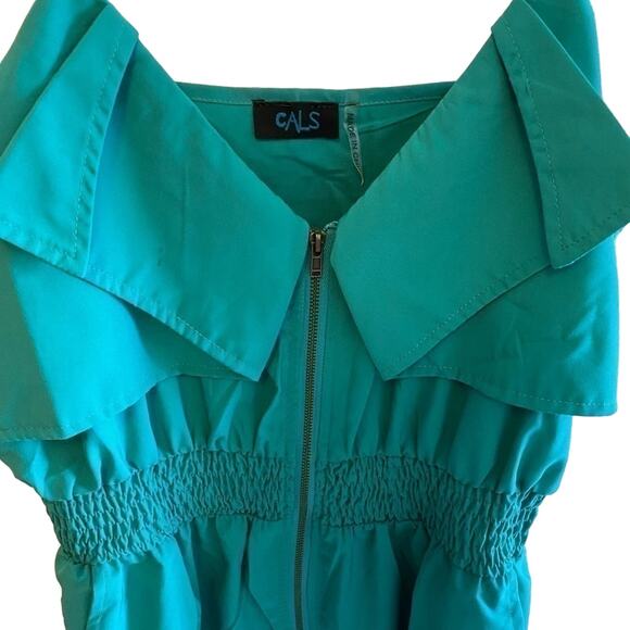 Cals Green Adjustable Spaghetti Strap Full Zip Smocked Waist Dress Pockets Sz M - Picture 4 of 8